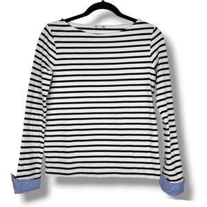 J.Crew Factory Striped Top Cotton Black & White Boatneck Blue Cuffs Size XXS